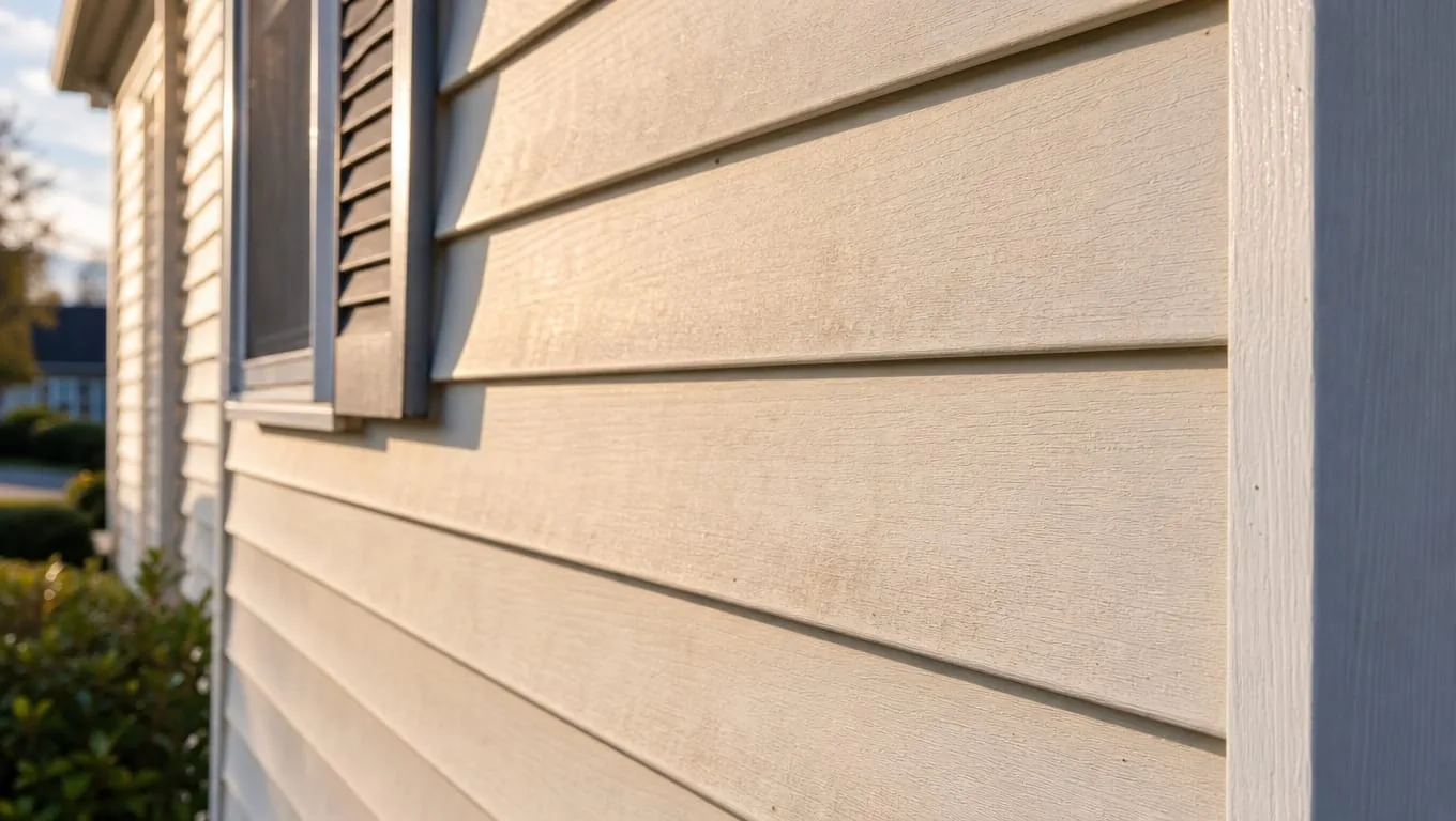 Vinyl siding panels on a North Atlanta suburban home showing lap profile texture and sun-faded finish on exterior wall