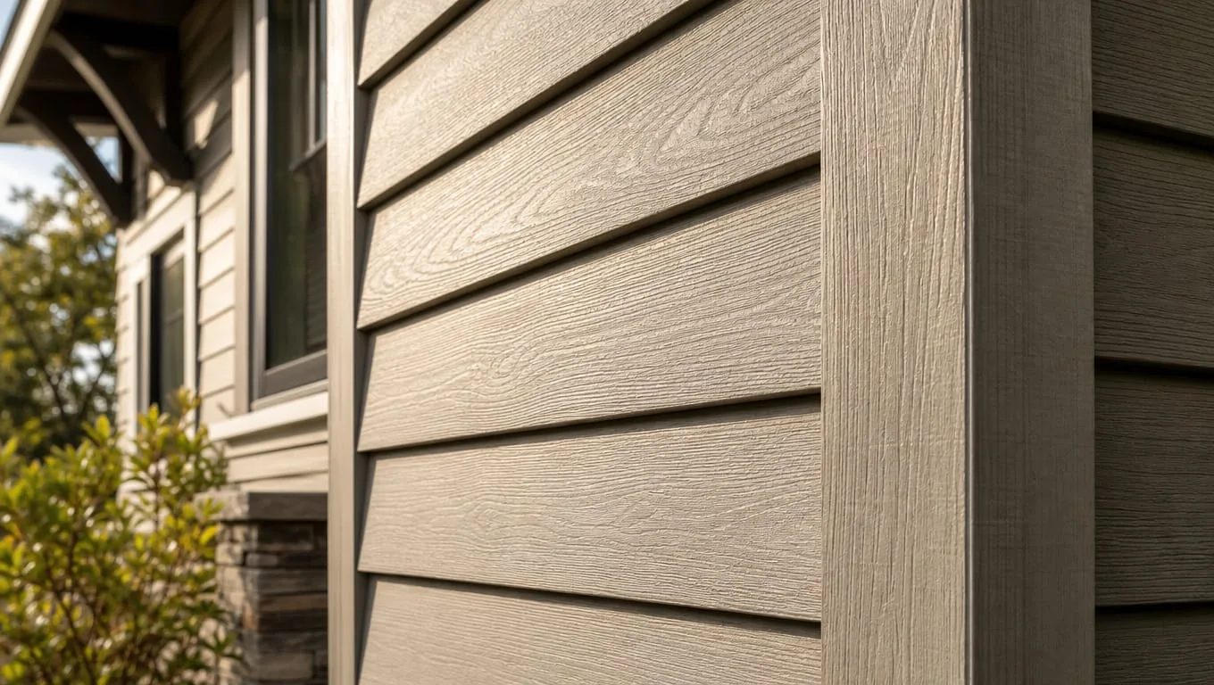 Fiber cement lap siding installed on a craftsman home exterior showing wood-grain texture and tight horizontal plank joints
