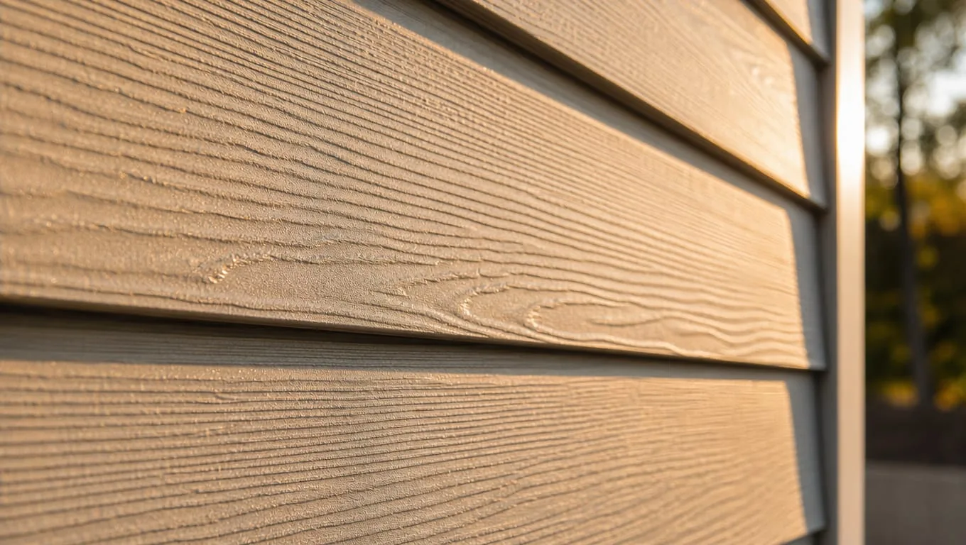 Engineered wood siding panels with visible wood-grain texture installed on a home exterior in warm afternoon light