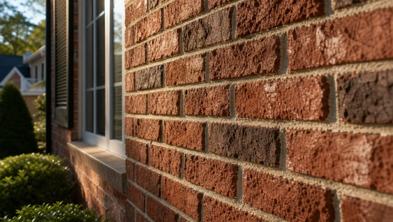 Brick veneer siding detail on North Georgia home showing traditional red brick texture and mortar joints in warm natural light