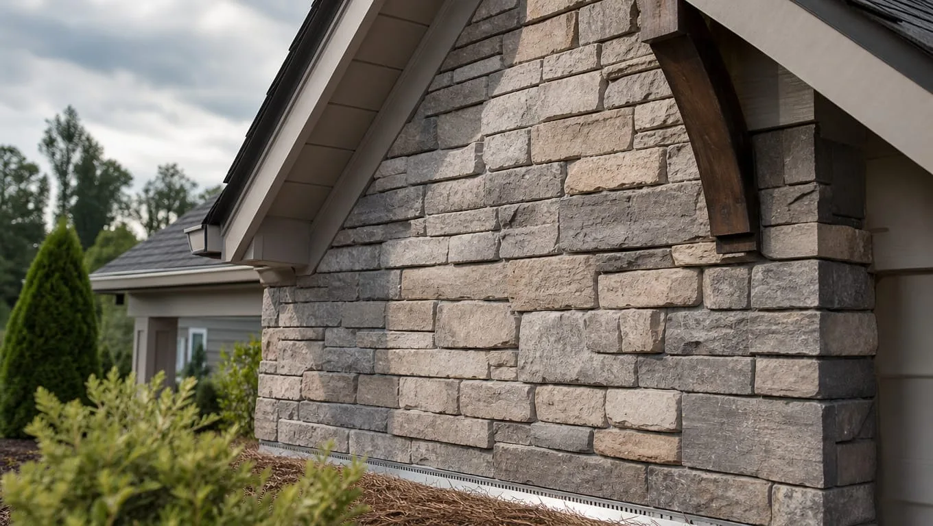 Manufactured stone veneer siding accent on craftsman home gable end with weep screed detail and natural mortar joints