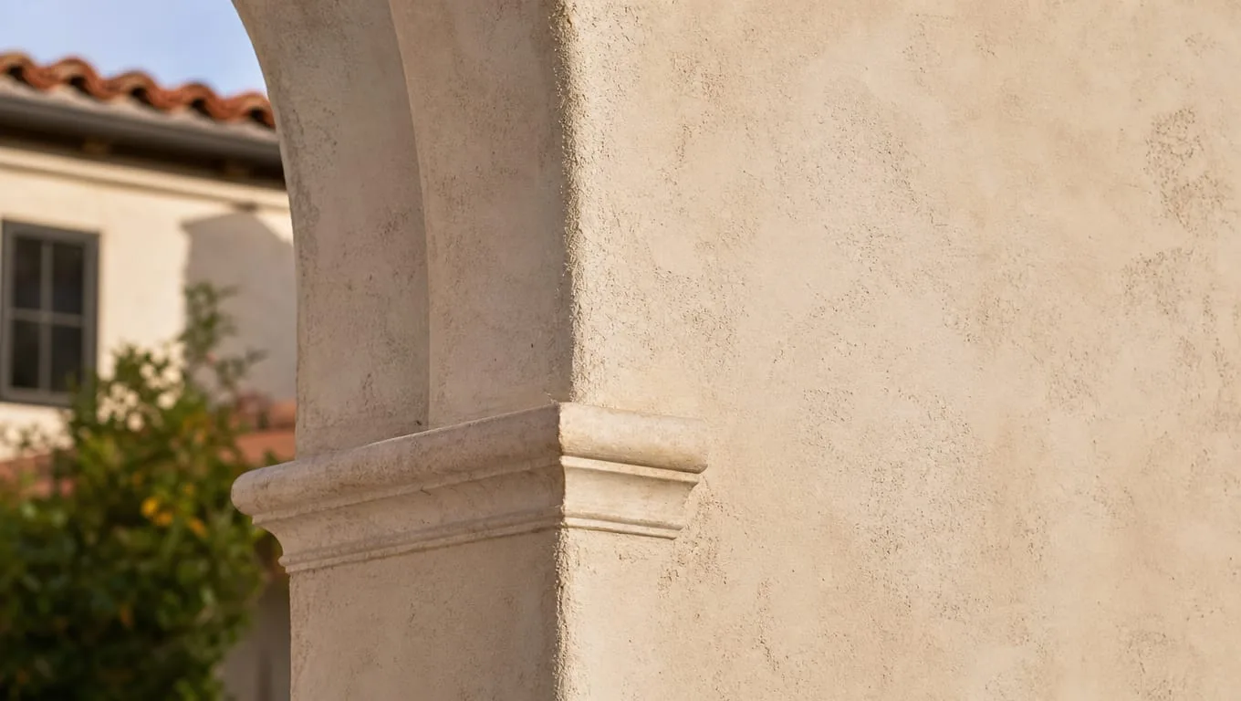 Traditional stucco exterior finish on Mediterranean-style home showing textured cement plaster surface with natural weathering