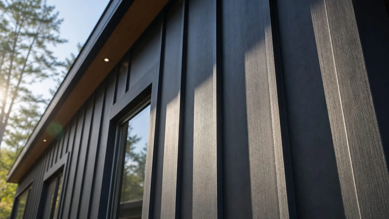 Metal siding for homes featuring dark charcoal standing-seam steel panels on a modern residential exterior